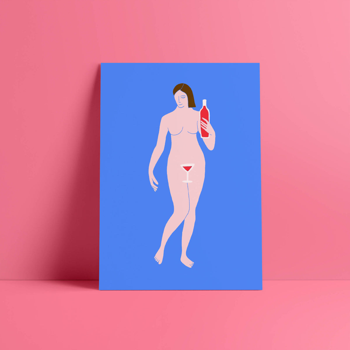 Affiche rectangulaire avec illustration d’une femme tenant une bouteille et un cocktail