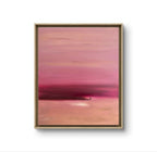 Tableau abstrait encadré bois, dégradé rose et bordeaux, horizon