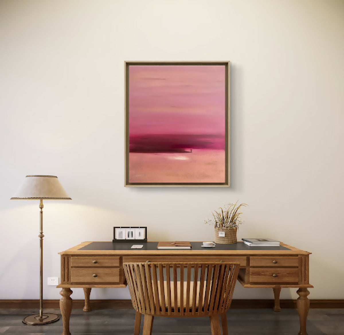 Tableau abstrait encadré bois, format carré, dégradé rose et bordeaux