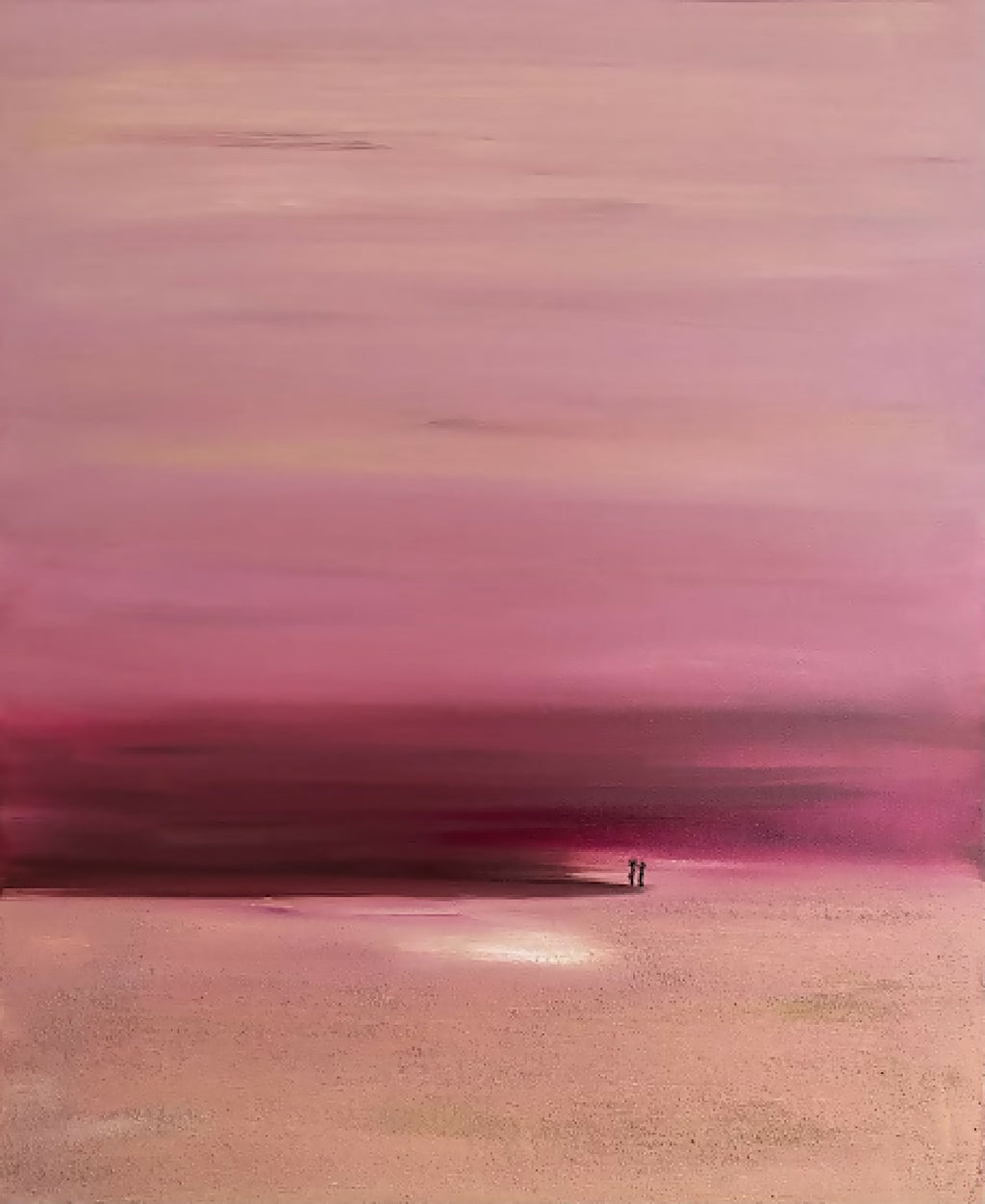 Peinture abstraite encadrée bois, dégradés rose, bordeaux et beige, horizon