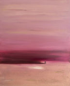 Peinture abstraite encadrée bois, dégradés rose, bordeaux et beige, horizon