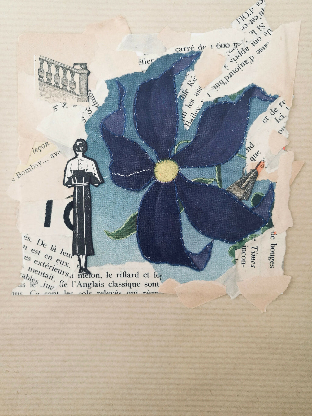 Collage papier sur fond beige, fleur bleue et silhouette masculine, style rétro