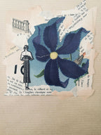 Collage papier sur fond beige, fleur bleue et silhouette masculine, style rétro