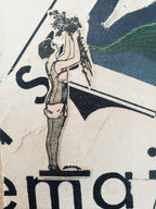 Affiche La reine : personnage dessiné debout sur socle, grandes formes noires sur fond clair