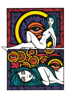 Tableau imprimé en deux volets, figures abstraites aux couleurs vives sur fond clair