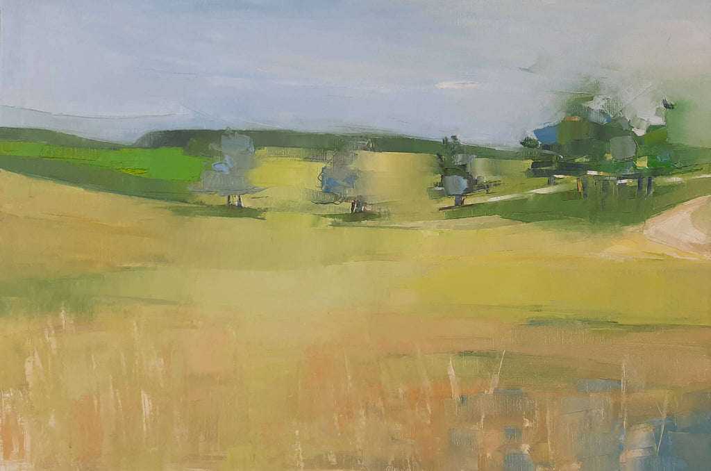 Tableau paysager aux champs jaunes, arbres verts et chemin, peinture aux coups de pinceau
