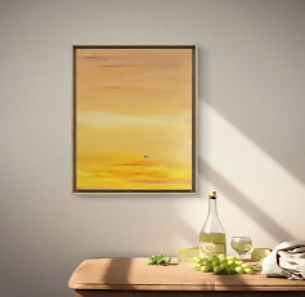 Tableau encadré, paysage abstrait jaune doré avec touches beige