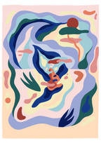 Impression artistique sur papier, visage abstrait aux couleurs bleu, vert et rose.