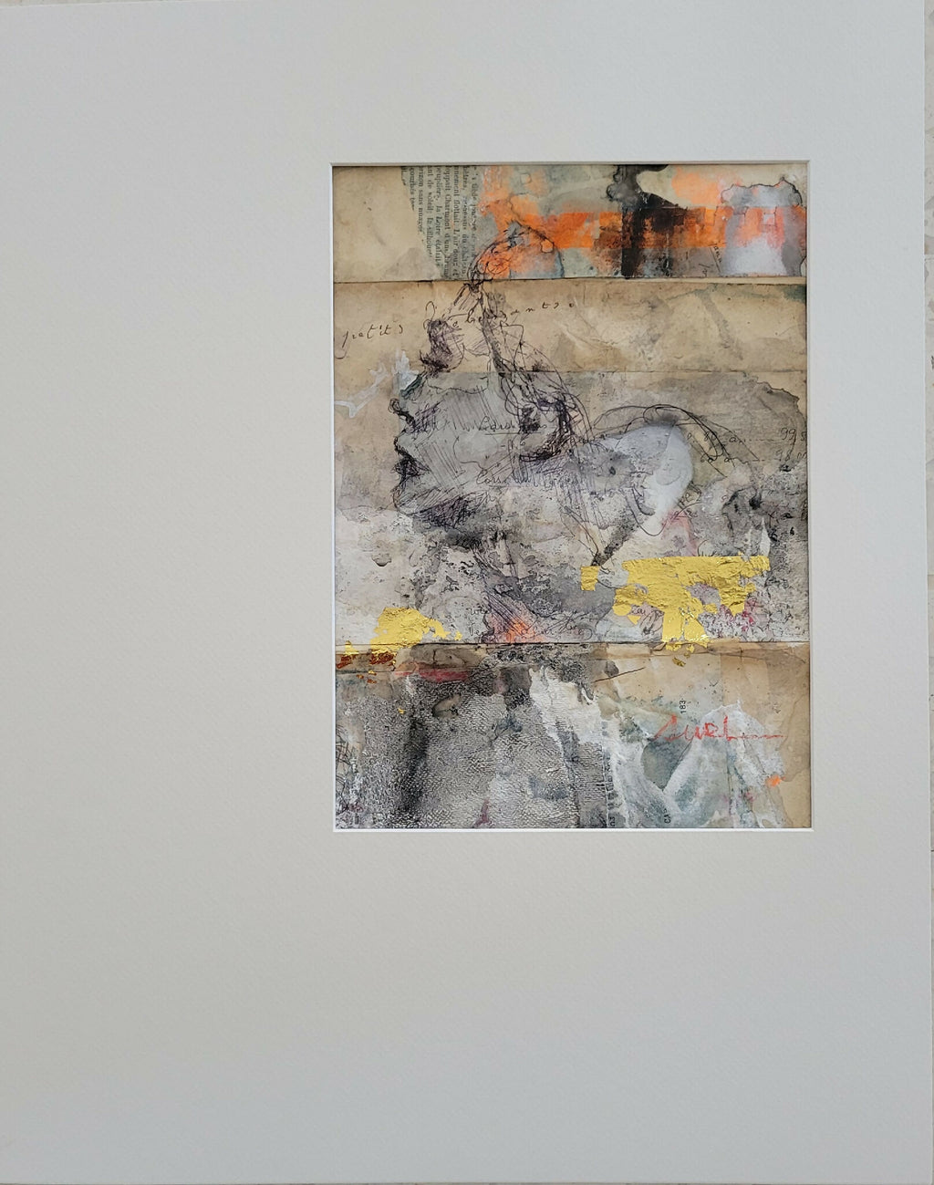 Tableau abstrait en cadre beige, composition grise, orange et touches jaunes