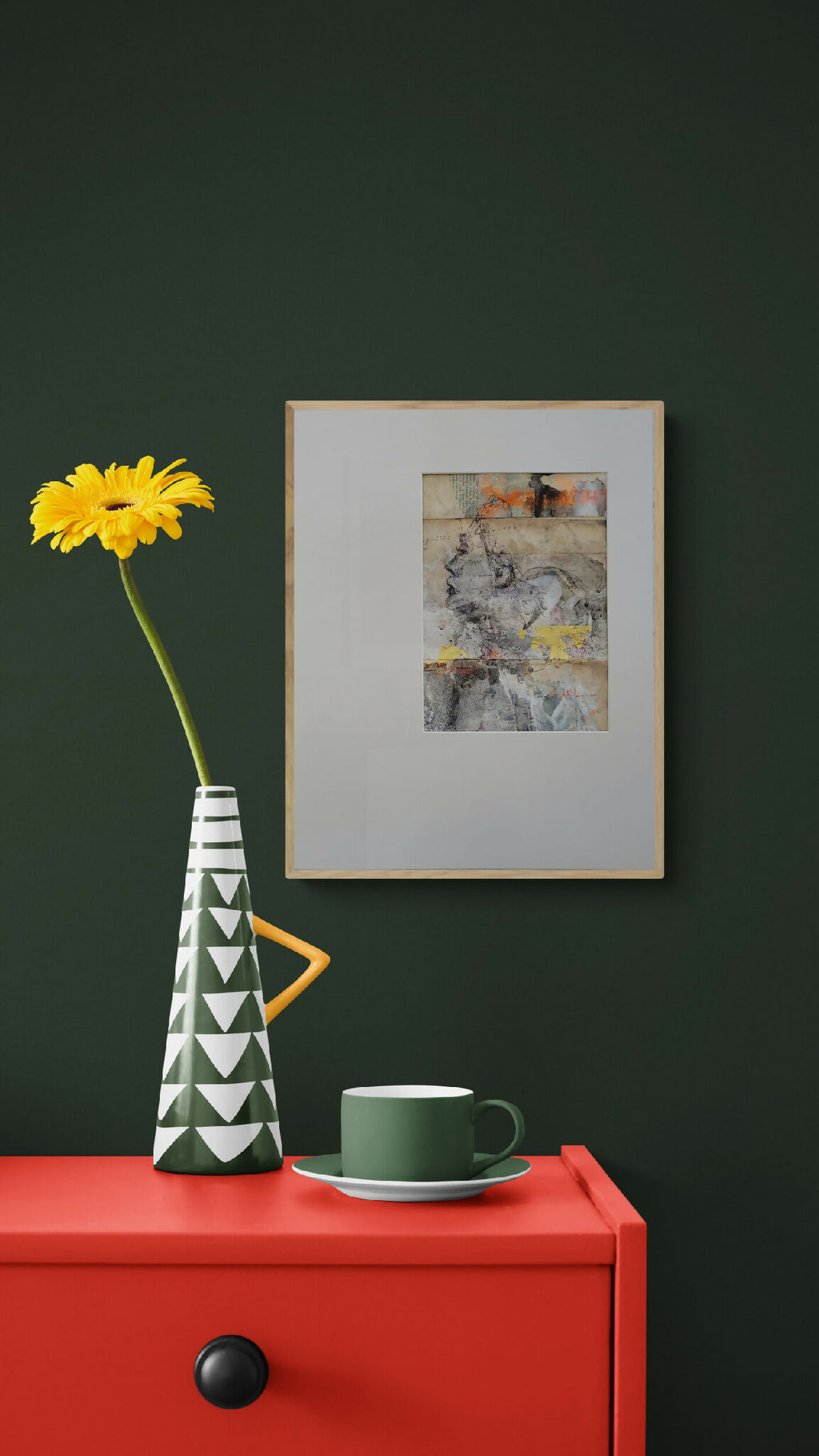 Tableau abstrait en cadre, composition orange, grise et jaune, format carré