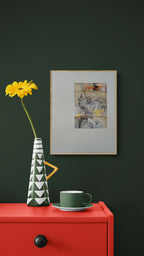 Tableau abstrait en cadre, composition orange, grise et jaune, format carré