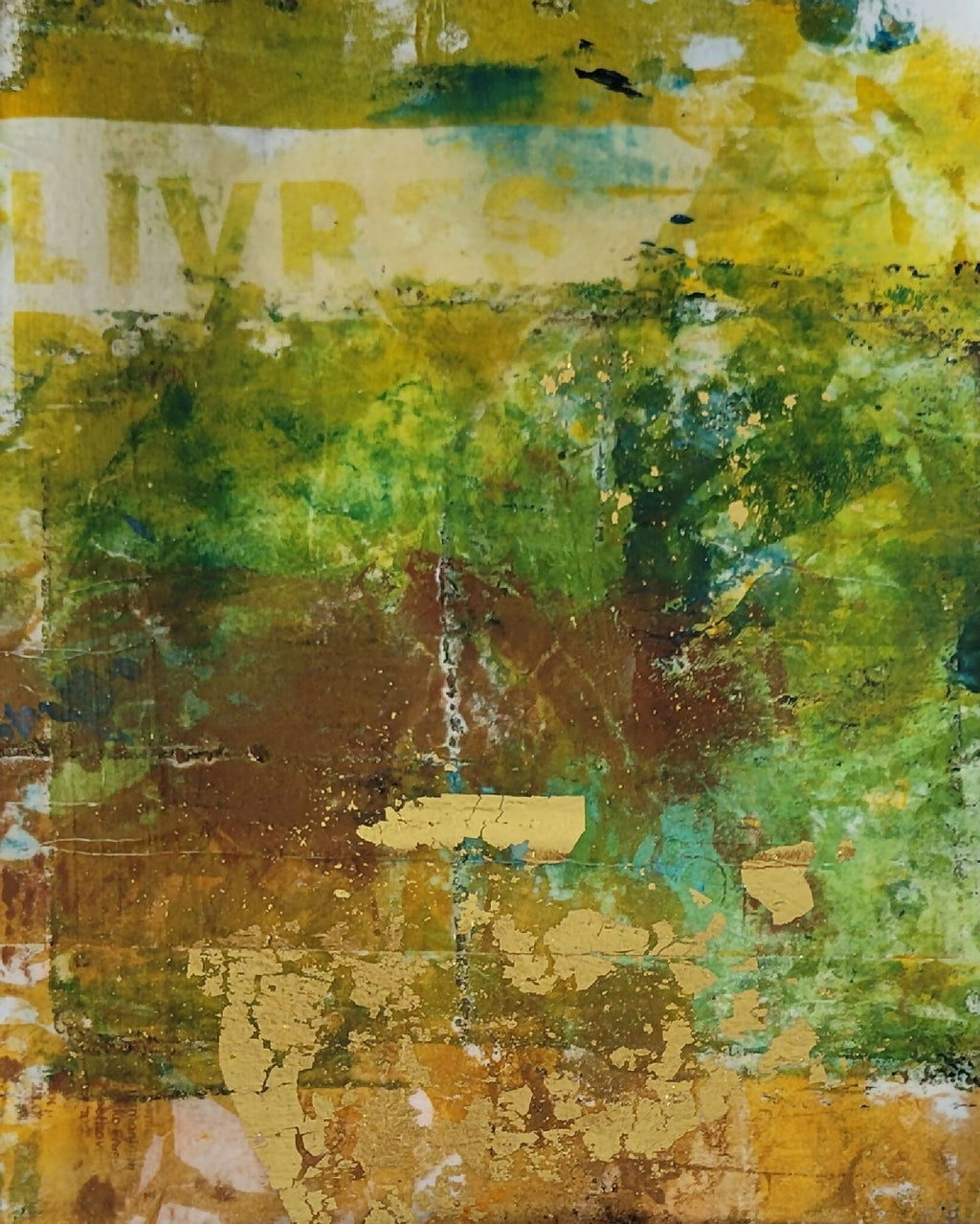 Tableau : détail de peinture abstraite vert vif, jaune et brun, textures et éclats