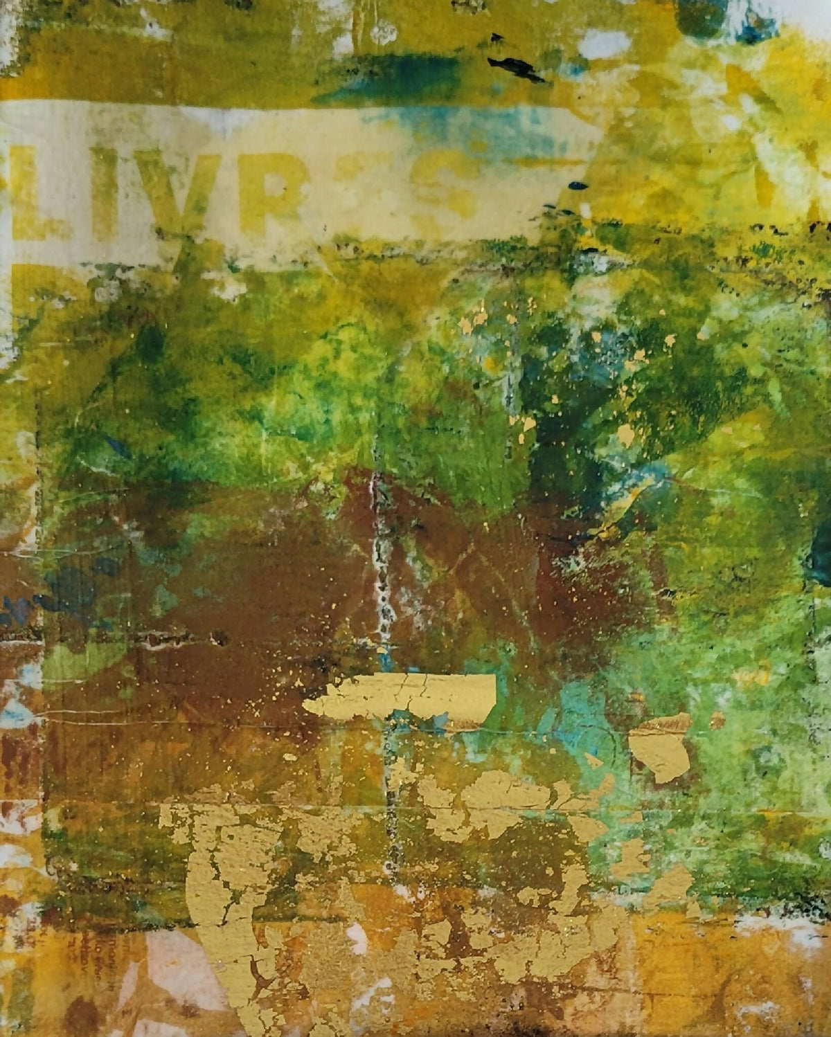Tableau : détail de peinture abstraite vert vif, jaune et brun, textures et éclats