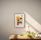Petit tableau encadré bois avec collage de tournesol et fleurs rouges/orangées