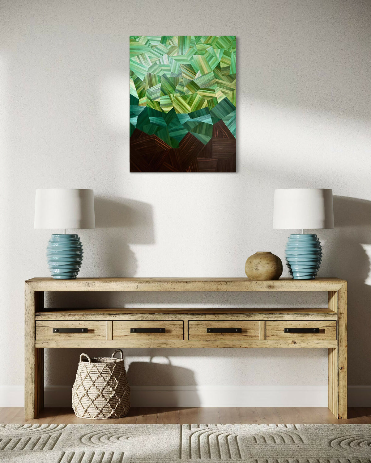 Tableau mural abstrait vert : facettes lumineuses, zone brun foncé, cadre noir.