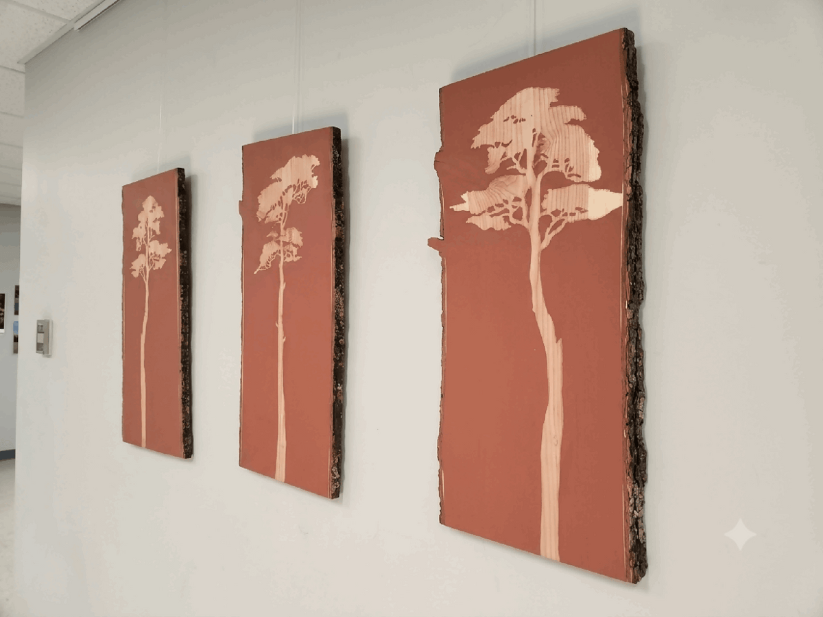 Triptyque Méditerranée : 3 panneaux verticaux sur toile, fond terracotta, arbre blanc