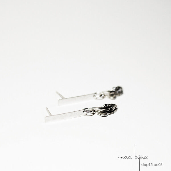 Boucles d'oreilles en argent massif recyclé sans nickel, Barre brossé et breloque vague, Bijou inspiré de la nature et des forces de la mer, bijou de créateur pas cher