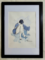 Dessin original encadré : personnage en bleu, aquarelle et traits au crayon, format vertical.
