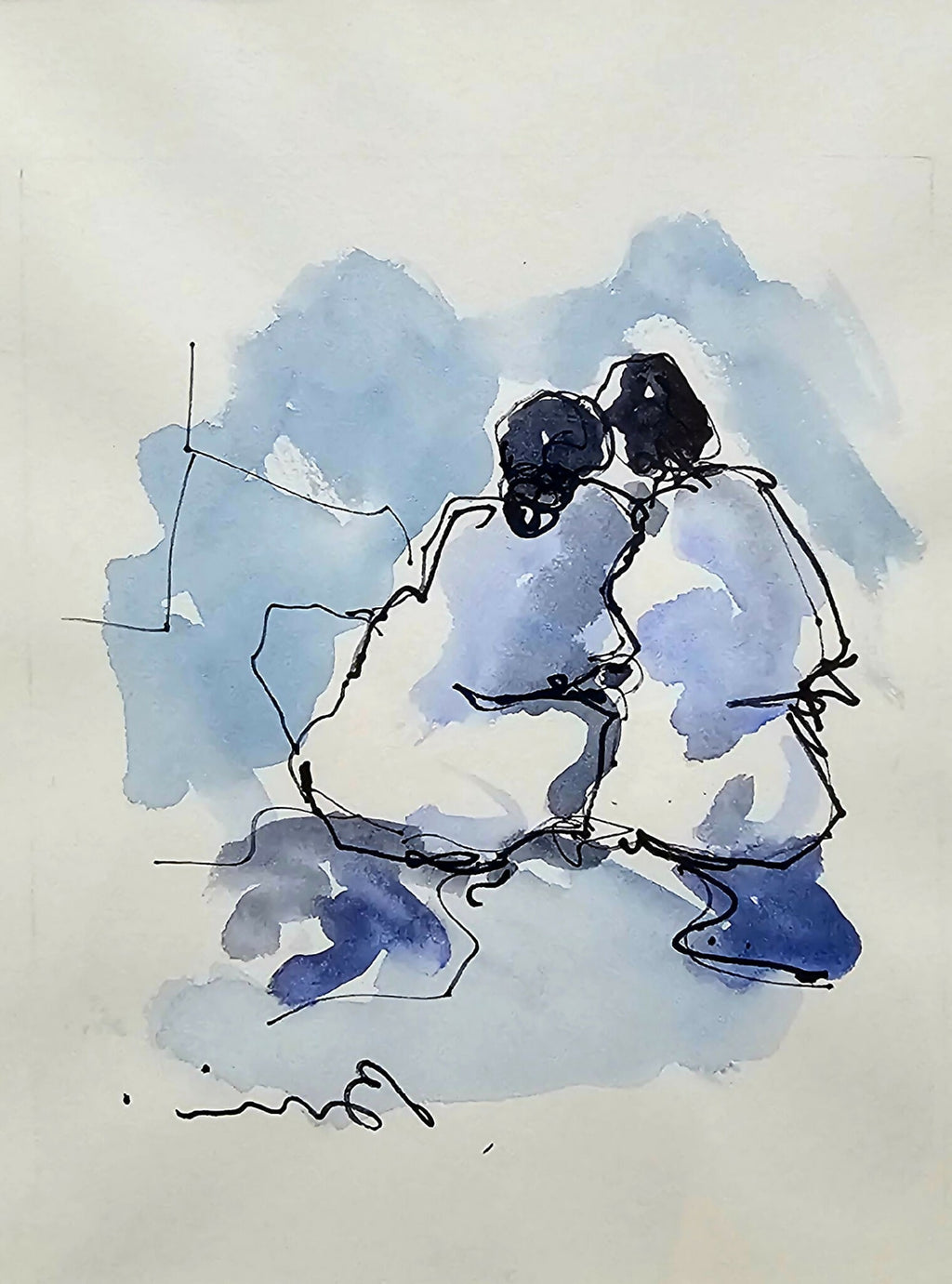 Dessin aquarelle : silhouettes bleu/noir enlacées, traits fins et aplats bleus.