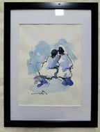 Dessin original encadré : silhouettes bleu/noir en interaction, touches d’aquarelle.