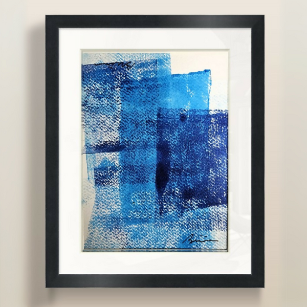 Tableau abstrait bleu encadré, motifs texturés en dégradés
