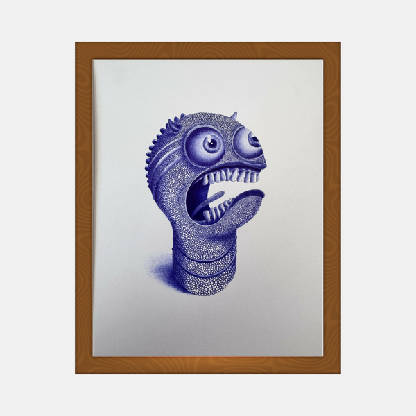 Illustration encadrée : tête de monstre violet, relief sur fond clair
