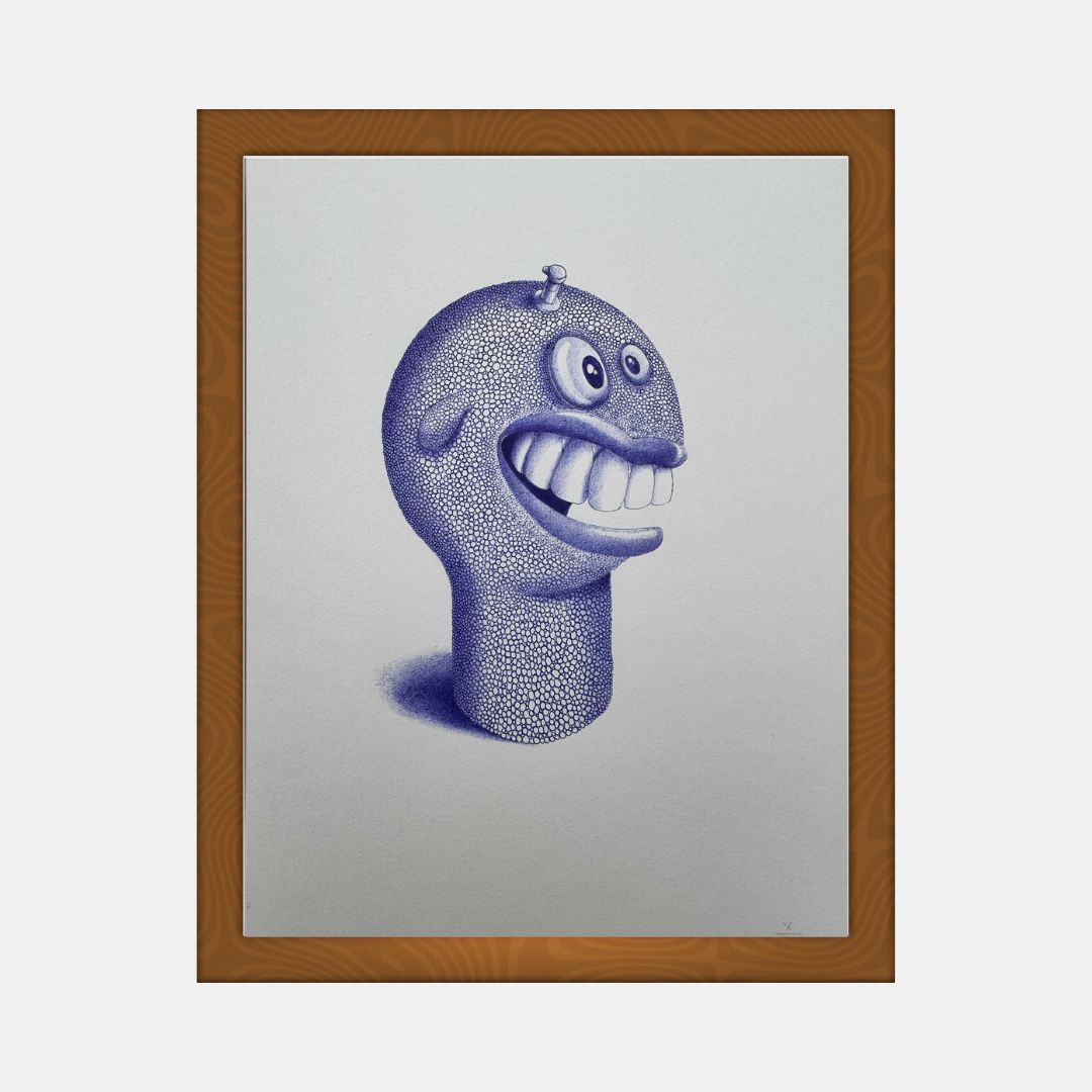 Affiche encadrée : tête de monstre cartoon violette aux grands yeux bleus.