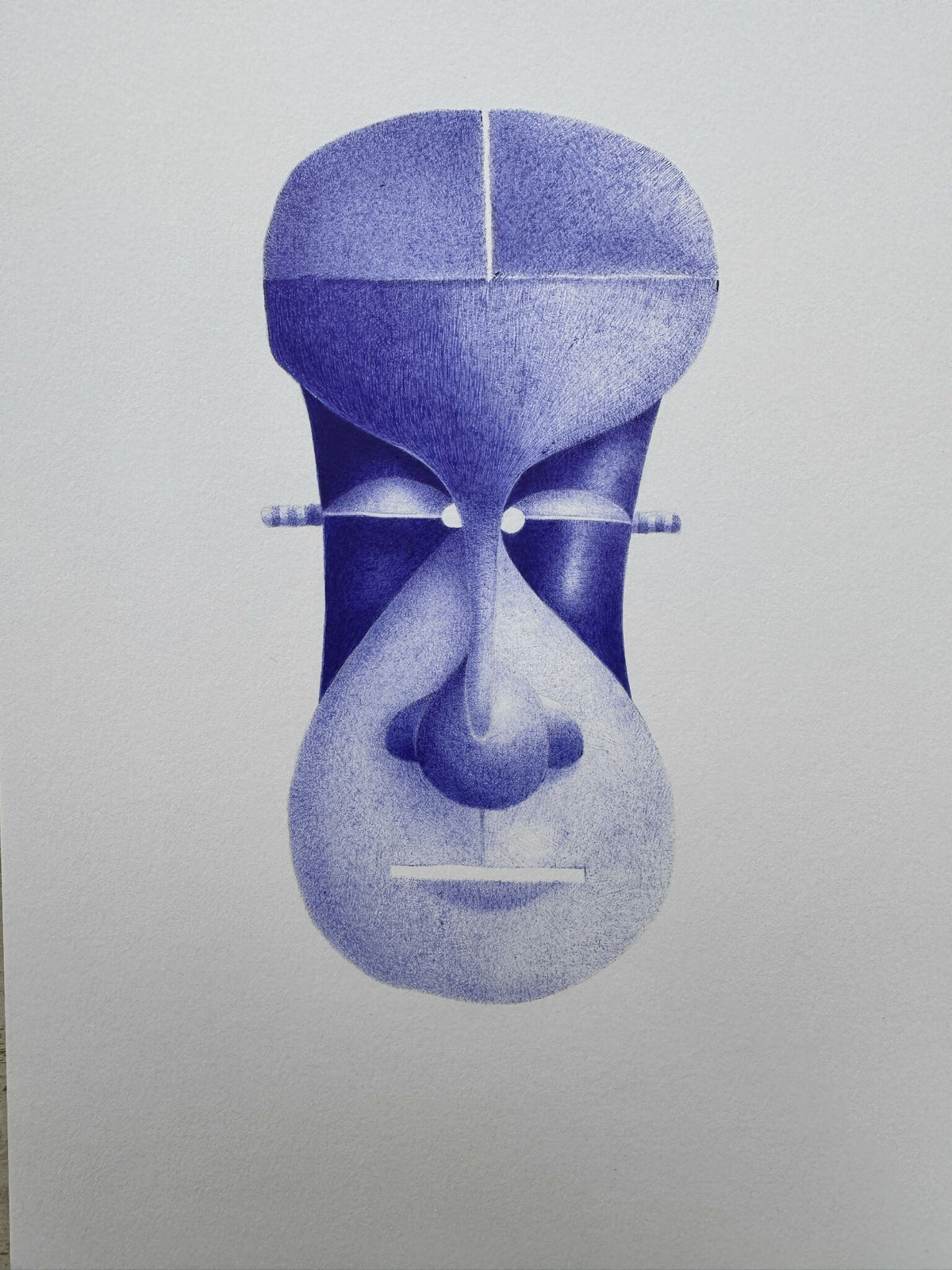 Buste stylisé bleu-violet, vue de face, détails du visage et rubans latéraux