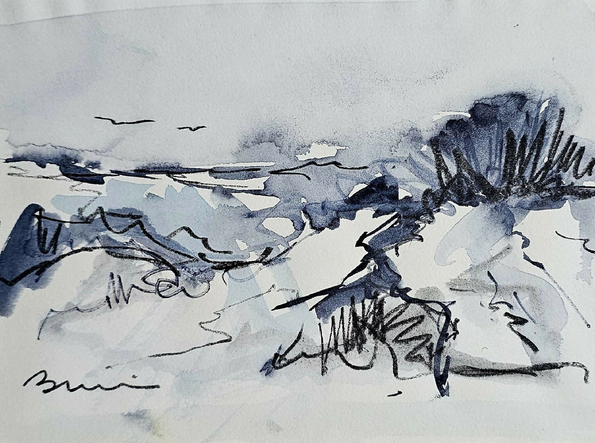 Dessin original encre bleue, paysage abstrait de dune avec oiseaux.