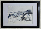 Dessin original encadré, paysage de dune à l’encre bleue et traits noirs.