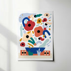 Tableau encadré digigraphie aux formes abstraites rouges, bleues et vertes