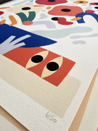 Affiche digigraphie avec détails : composition bleu, rouge et beige, signature en bas