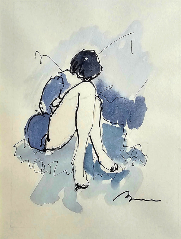 Dessin original : silhouette bleue à l’aquarelle, traits noirs, style croquis.