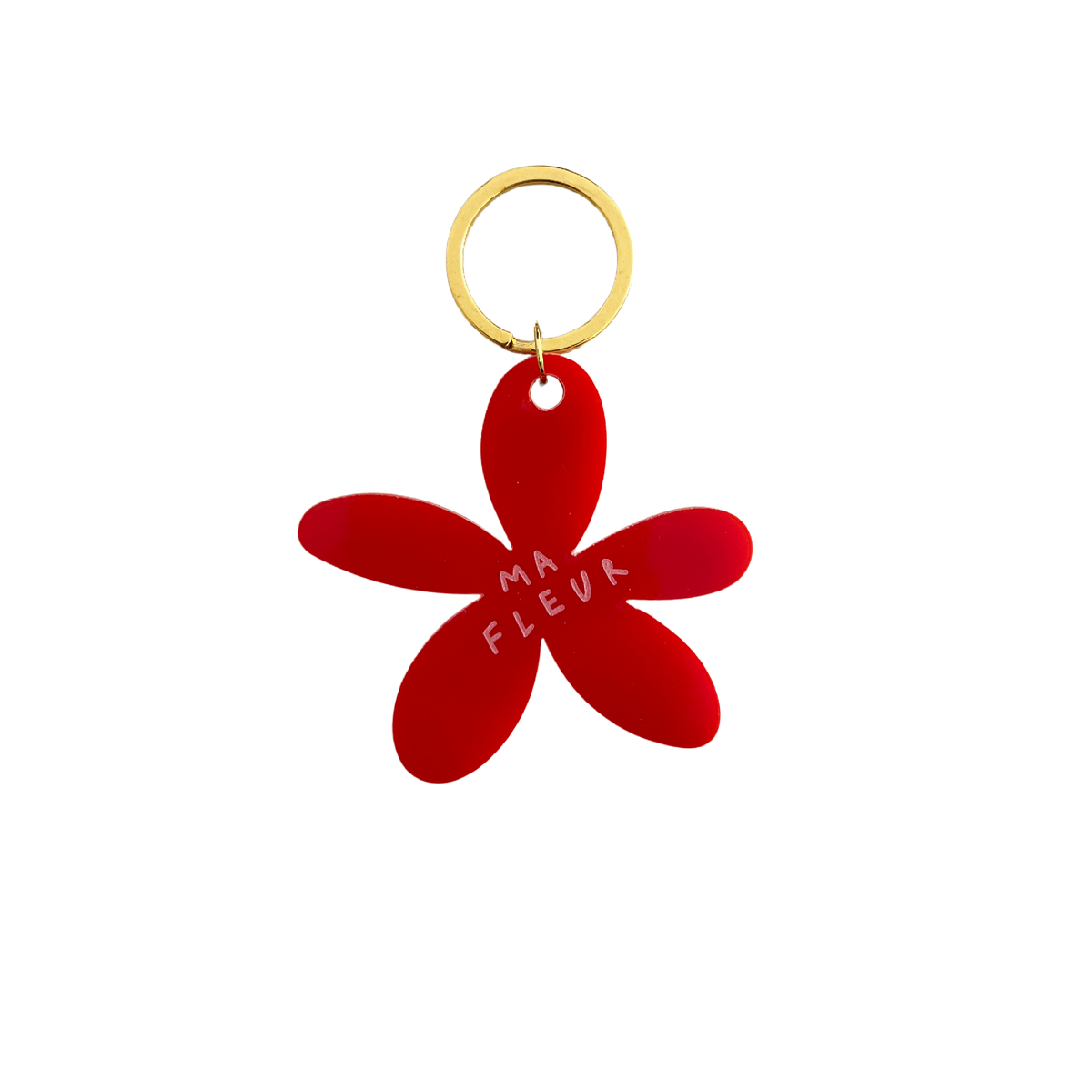 Porte-clés fleur rouge avec anneau doré et pendentif goutte « Ma FLEUR »