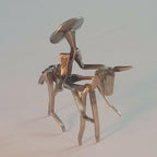 Groupe de personnages en acier : chevalier et figurines, finitions argentées.