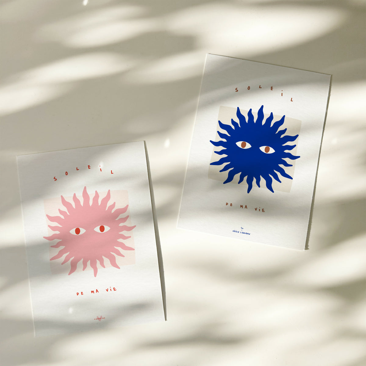Lot de 2 cartes à message, soleils bleu et rose, visages et « de ma vie »