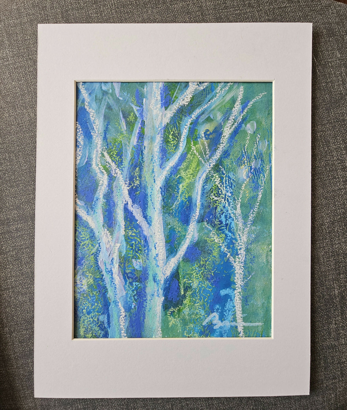 Tableau encadré « Éclats de forêt » vue de face, composition bleu-vert.