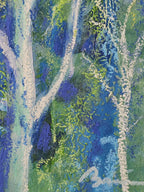 Détail du tableau abstrait : textures bleu, vert vif et touches blanches.