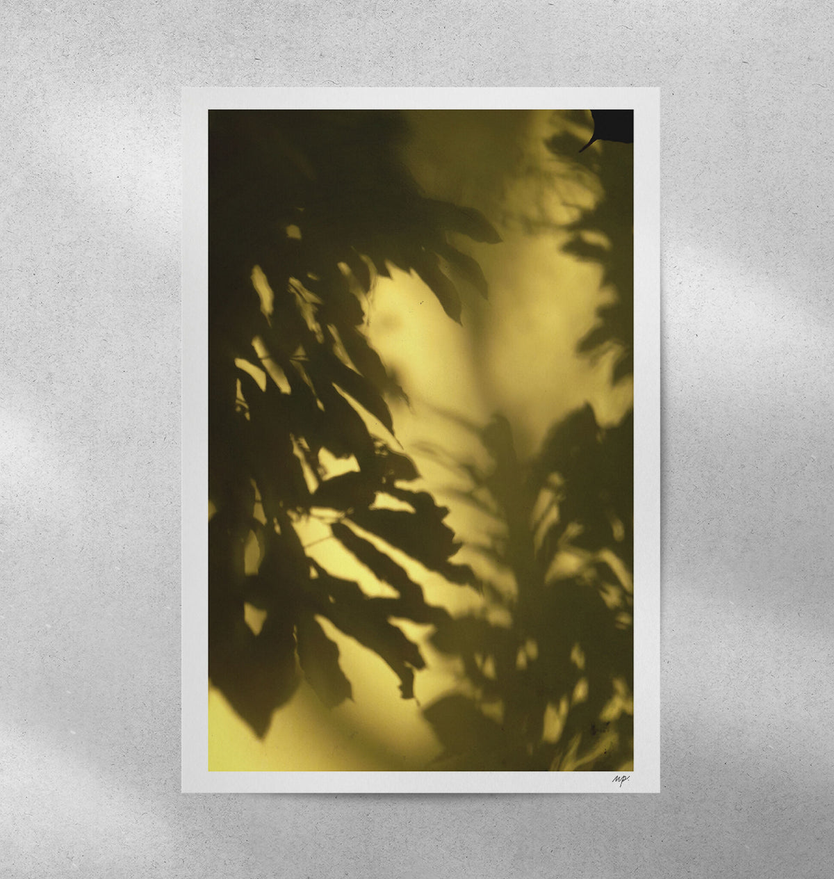 Affiche encadrée avec ombres de feuilles, tons vert foncé et jaune doré