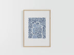 Tirage A4 encadré en bois, motif bleu à motifs répétitifs et formes centrales