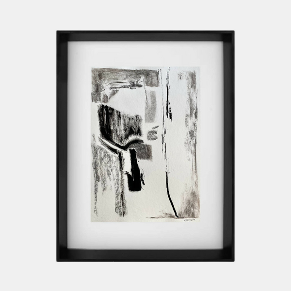 Tableau abstrait encadré avec formes verticales noires et touches grises