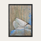 Tableau abstrait encadré, personnage allongé aux tons beige, bleu et vert