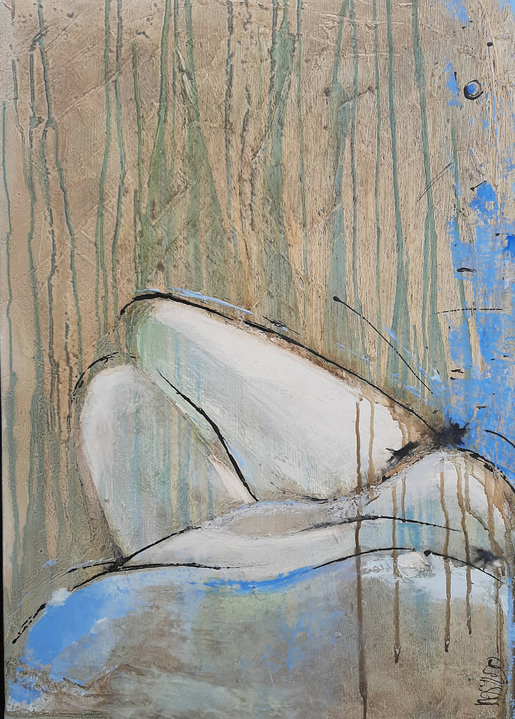 Tableau abstrait encadré, détail d’un personnage allongé, bleu et beige