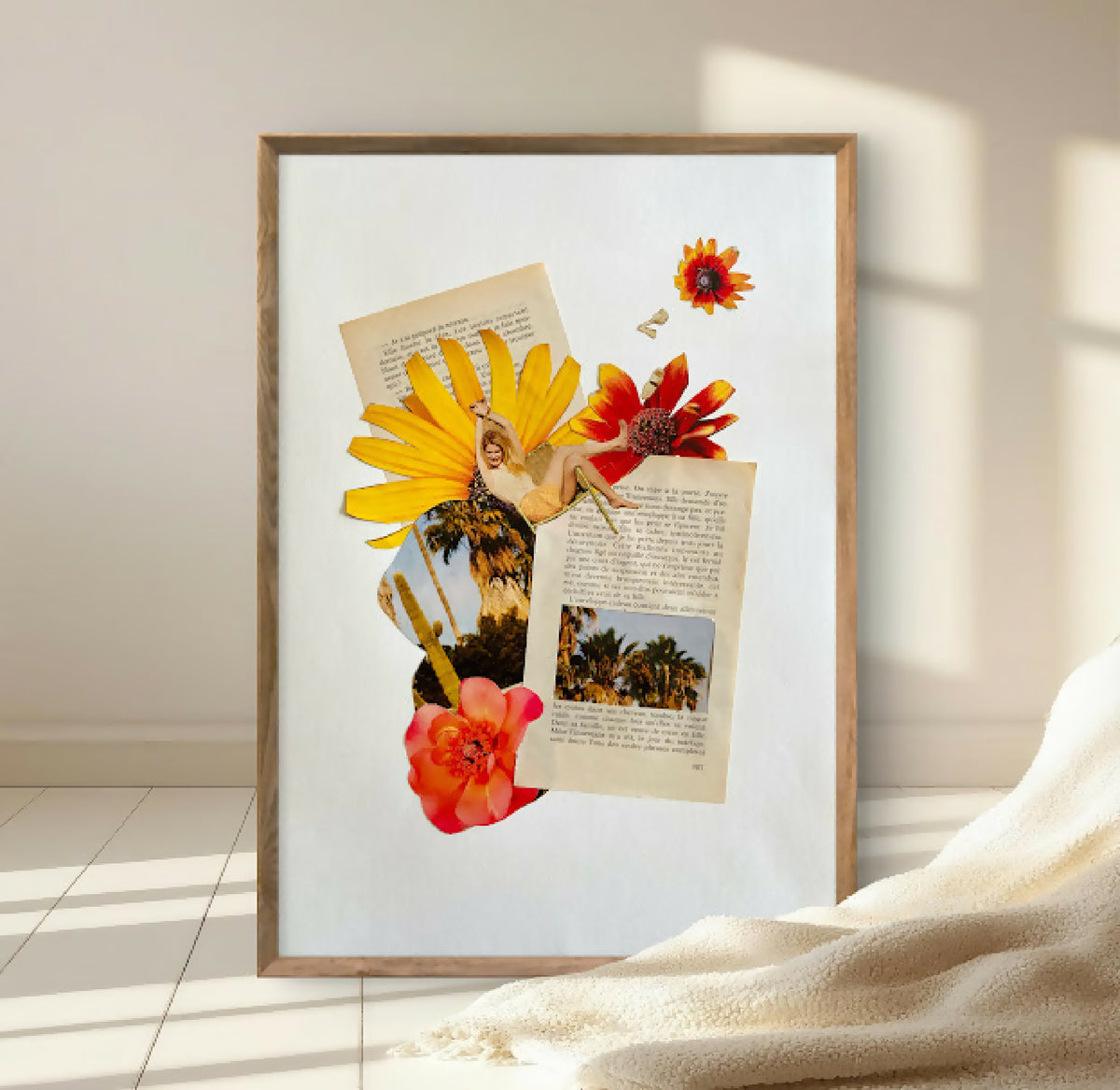 Tableau encadré bois rectangulaire avec collage de tournesols et fleurs rouges/orangées