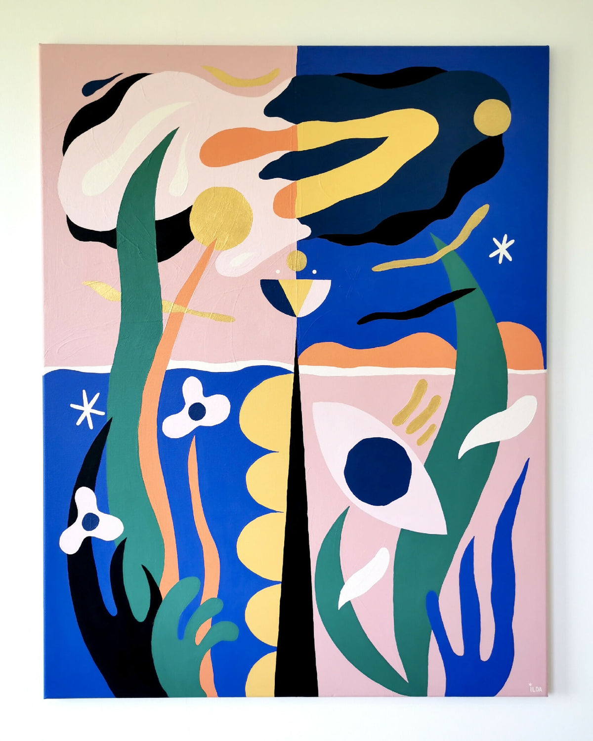 Peinture acrylique abstraite aux formes de planètes, bleu foncé, rose pastel, jaune.