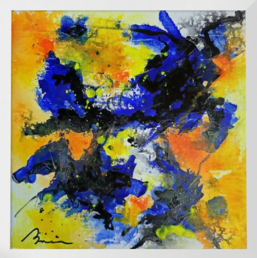 Peinture abstraite Interstellaire aux formes bleu, noir et jaune, texture épaisse