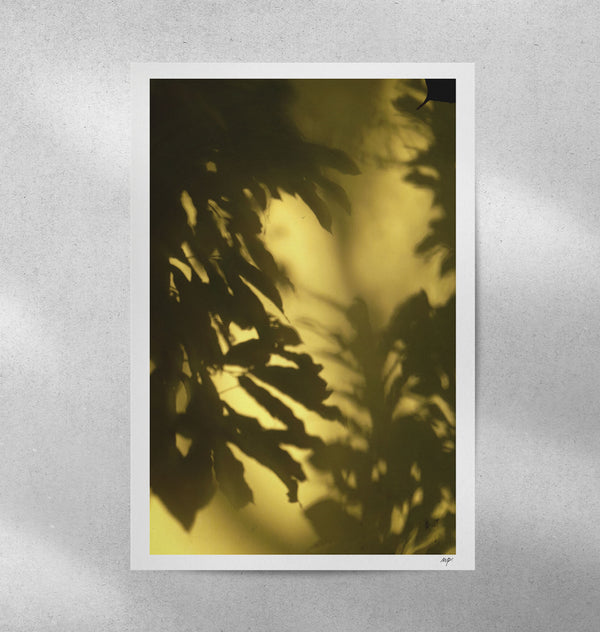 Affiche encadrée avec ombres de feuilles, tons vert foncé et jaune doré