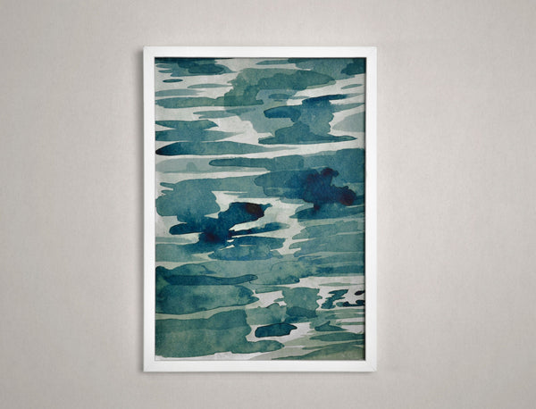 Affiche encadrée abstraite aux tons bleu-vert, motifs aquarelle sur fond clair