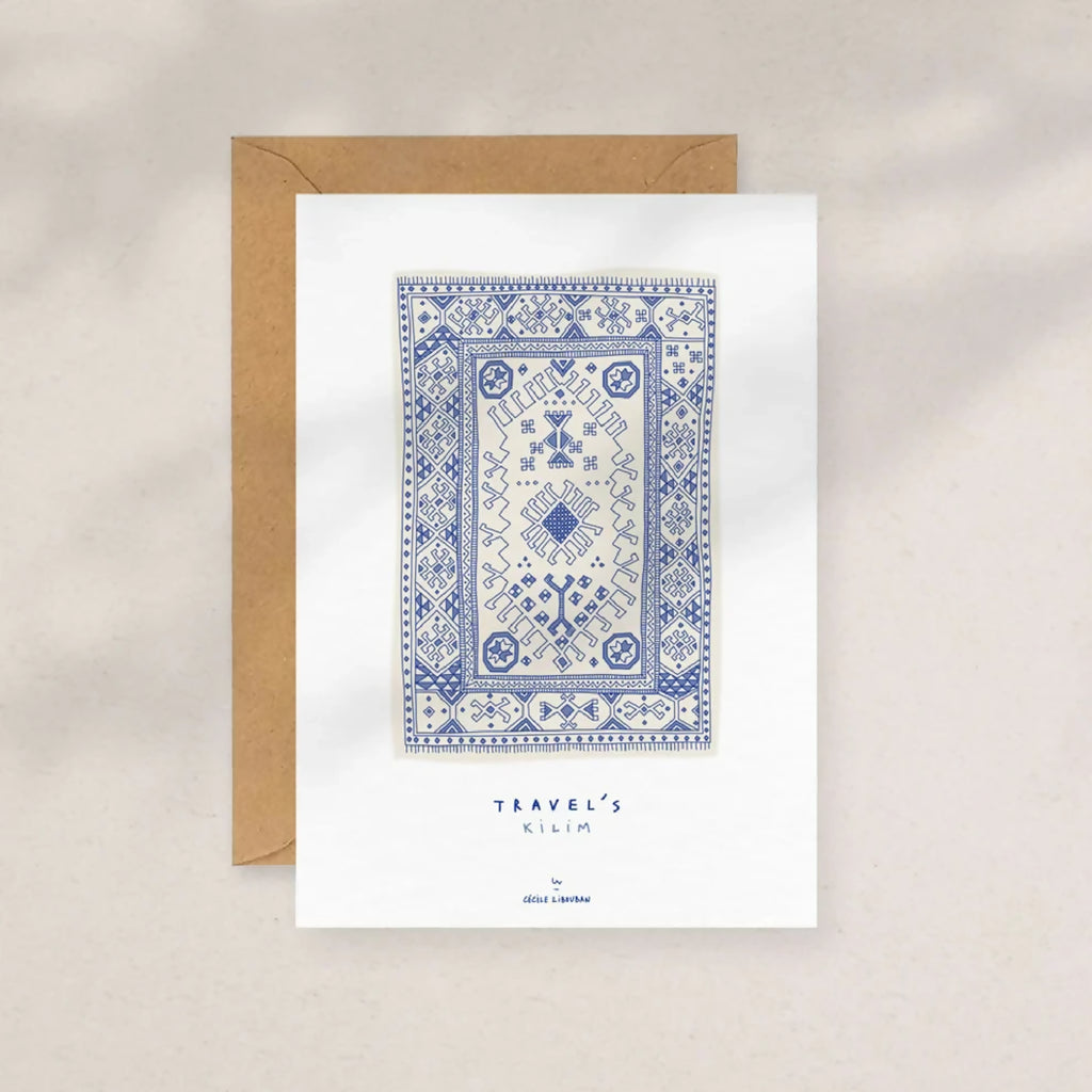 Carte illustrée motif kilim bleu encadré, avec enveloppe kraft et carte blanche