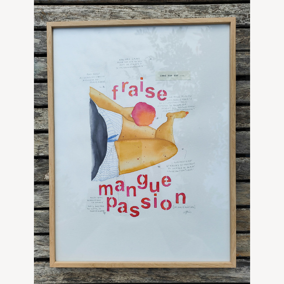 Affiche encadrée rectangulaire : femme stylisée aux bras levés et typographie « mangue passion »